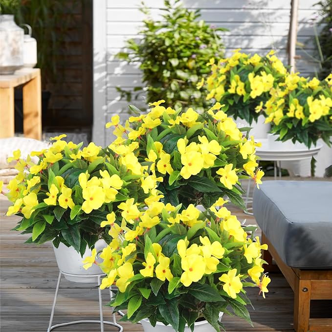 CITYES 4 Pcs Artificial Flowers Outdoor Impatiens UV Resistant Silk Impatiens Flowers Yellow Faux Flowers Impatiens Bushes Artificial Impatiens for Pot Patio Lawn Garden Hanging Basket Porch Decor