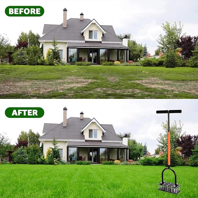 Lawn Aerator, Automatic Dirt and Leaf Clean Design, Heavy Duty Manual Lawn Aerator Tool with 15 Iron Spikes, Height Adjustable, Yard Grass Aerator for Lawn(Black with Orange)