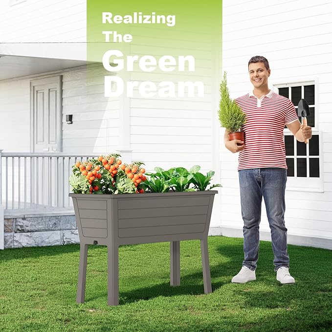 Durable Resin Raised Garden Bed with Drainage Holes & Reinforced Corners - Lightweight Flower Boxes Outdoor for Vegetables, Herbs, and Patio Garden Enclosure System (Grey, 44.33*29.92*19.69 *2)