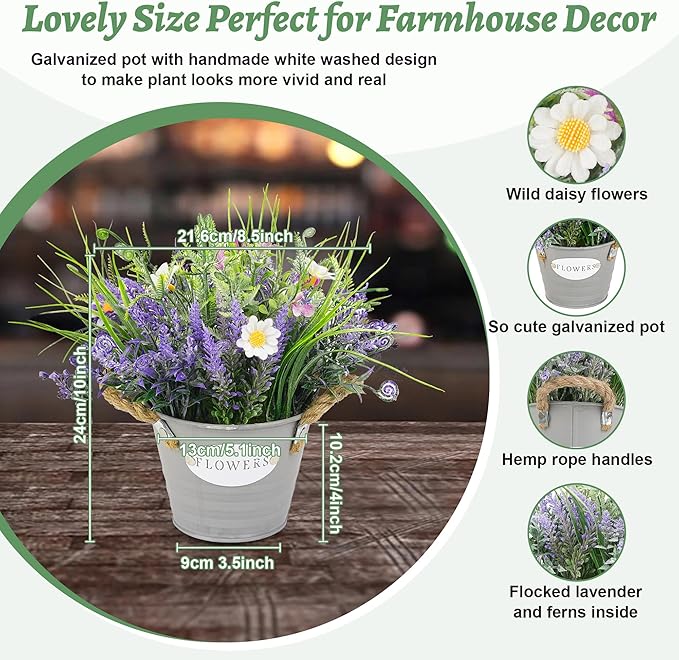Fake Plants Purple Lavender Flowers in Pot 10" Tall Faux Artificial Potted Plant Greenery for Home Living Room Patio Coffee Table Farmhouse Aesthetic Bedroom Bathroom Decor