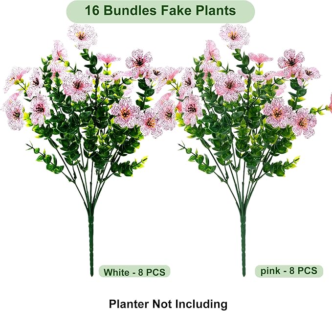 Artificial Flowers for Outdoor Fake Plants for Spring Decoration,Faux Eucalyptus Flowers for Planter UV Resistant Lifelike for Home Porch Garden (White/Pink)
