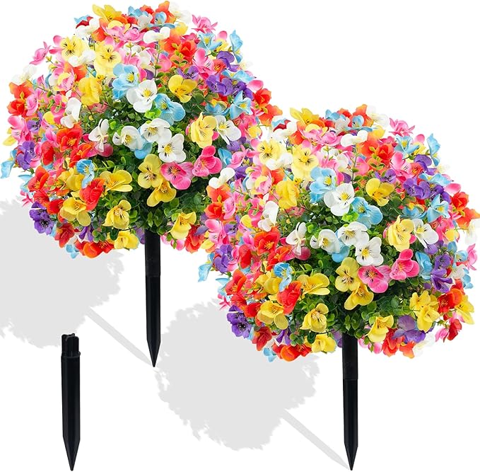 2 Pack Artificial Pansy for Outdoors with Ground Spike, Artificial Flowers Topiary Ball Trees Faux Flowers Bushes for Front Porch Planters Patio Garden Yard Decor (Purple, Red, Blue, White, Yellow)