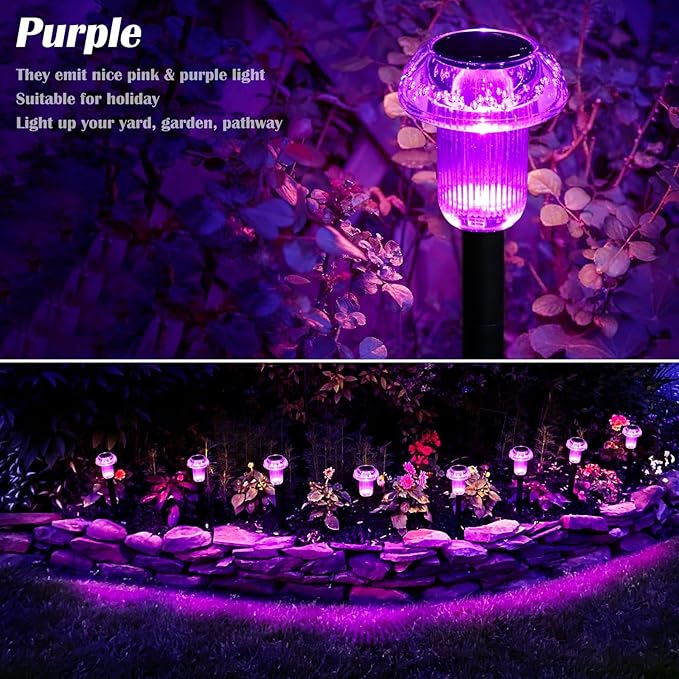 Priddop Solar Lights Outdoor Pathway Waterproof 8 Pack Purple LED Acrylic Mushroom Decorative Garden Lights for Yard Landscape Patio Outside Decorations