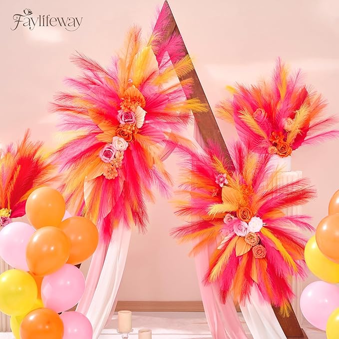 50 PCS Hot Pink Pampas Grass, 17in Pampas Grass Decor, Artificial Pompas Wall Decor for Vase Room Bedroom Kitchen Table Wedding Party Birthday Baby Showers（Hot Pink）