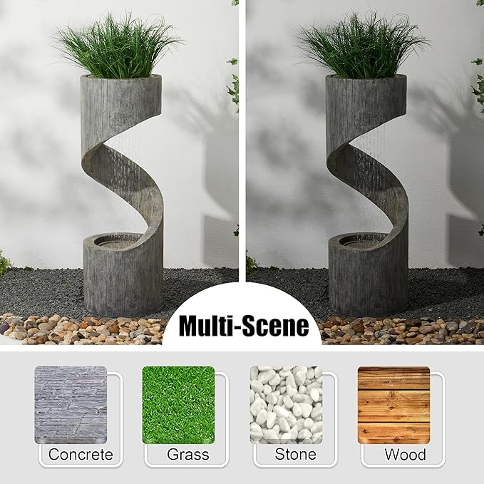 Glitzhome Outdoor Water Fountain with LED Light, Modern Spiral Tiered Outdoor Fountain with Stone Planter, Curved Freestanding Waterfall Fountains for Garden Patio Deck Porch, 40”H