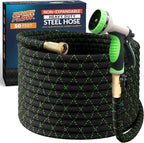 PowerFlow Garden Hose, NON-EXPANDABLE 50 Feet Premium Quality Stainless Steel Metal Water Hose with Durable Fabric Skin, Hose For Commercial, Residential Use, Bonus 10-way Spray Nozzle (50 Ft, Black)