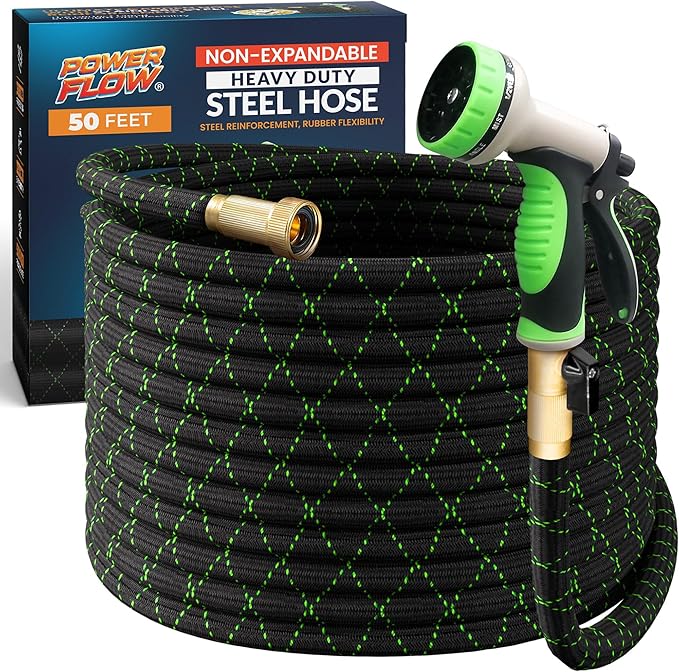 PowerFlow Garden Hose, NON-EXPANDABLE 50 Feet Premium Quality Stainless Steel Metal Water Hose with Durable Fabric Skin, Hose For Commercial, Residential Use, Bonus 10-way Spray Nozzle (50 Ft, Black)