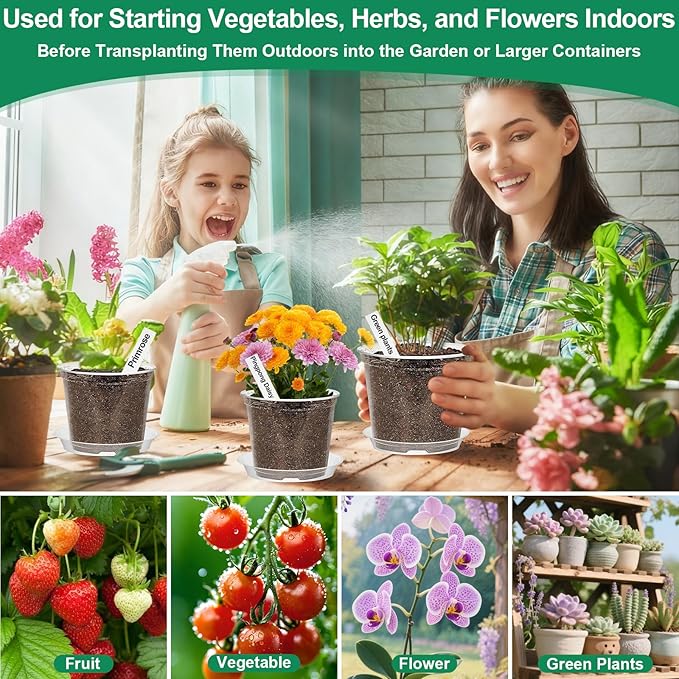 Jollidecor 45Pcs Clear Plastic Nursery Pots with Drainage Holes and Saucers, 3/4/5/6/7Inch Seedling Starter Flower Pots with Tool for Indoor Outdoor Gardening Flower, Herb, Succulent Transplanting