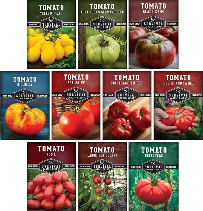 Tomato Seeds 10 Variety Pack for Planting - Black Krim, Roma, Cherry, Aunt Ruby's Green, Hillbilly, Mortgage Lifter, Brandywine, & More - Non-GMO Heirloom Tomatoes - Survival Garden Seeds