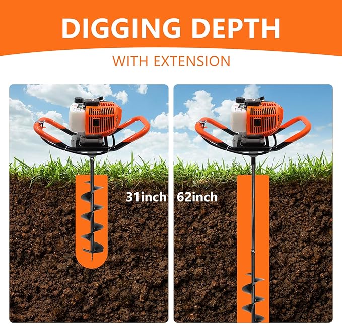 62CC Auger Post Hole Digger, 2 Stroke Gas Powered Earth Post Hole Digger with 2 Auger Drill Bits(6" & 8") + 1 Extension Rods for Farm Garden Plant, Orange (62CC)