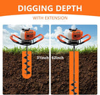 62CC Auger Post Hole Digger, 2 Stroke Gas Powered Earth Post Hole Digger with 2 Auger Drill Bits(6" & 8") + 1 Extension Rods for Farm Garden Plant, Orange (62CC)