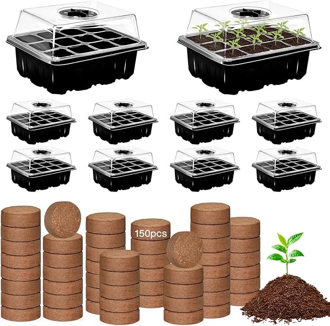 ZeeDix 10 Set Seed Starter Tray Kits, 10 Pack Seed Trays with 150 Pack Coco Coir Pellets, Adjustable Humidity Germination Tray with Dome Lids for Indoor Plants, Mini Greenhouse for Vegetables Garden