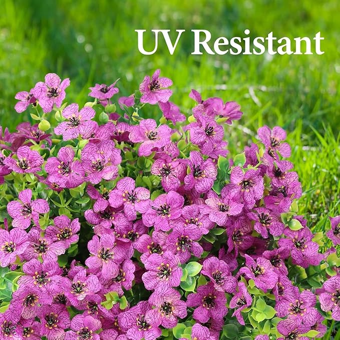ATTGREAT Artificial Flowers Outdoor Faux Plants UV Resistant Fake Patio Flowers Plastic Greenery Plnats Outside Bulk for Spring Garden Hanging Planter Home Vase Decor, 24 Bundles (Purple)
