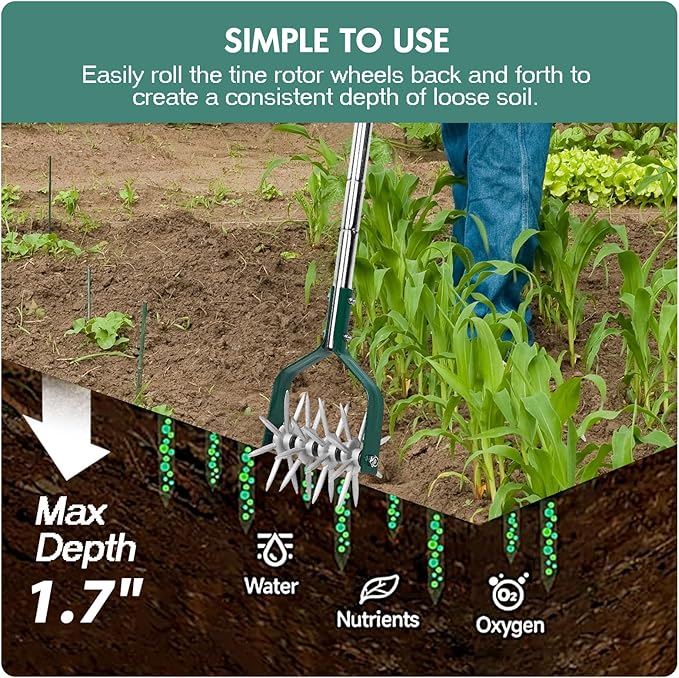 YEELOR Garden Cultivator Adjustable Stainless Steel Handle, fine Rotary Cultivator Tiller for Small Scale Gardens Soil Loosening, Lawn Aeration, Fertilizer Mixing & Planting Preparation