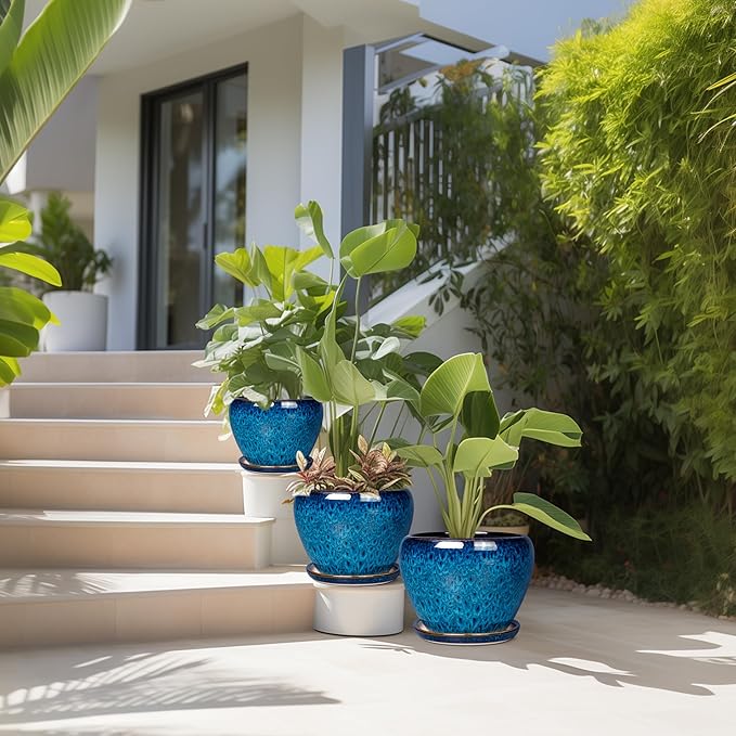 Ceramic Plant Pots Indoor, 10 Inch 8 Inch 6 Inch Round Planters Pots for Indoor Outdoor Plants, Modern Large Flower Pots with Drainage Holes and Saucers, Set of 3, Blue