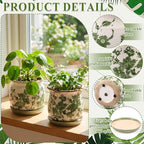 2 Set Vintage Ceramic Planters, 6 Inch Beige Green Crackle Glaze Flower Pots with Drainage Saucers, Vintage Style Green Floral Plant Pot for Indoor Plants, Home Decor Gift