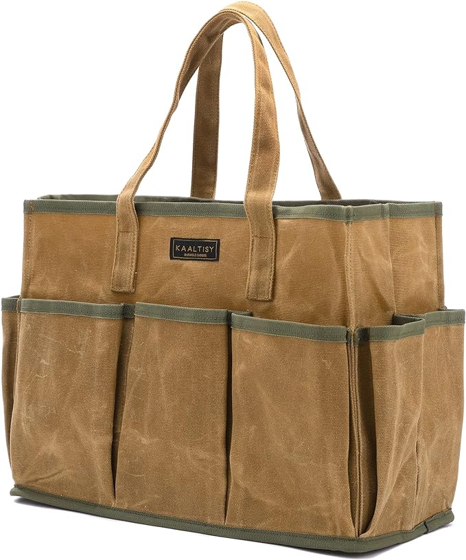16OZ Waxed Canvas Tool Tote Bag | Large-Capacity Tool Storage Tote with 10 External Pockets | Multi-Purpose Garden Tool Carrier for Gardening, Wrench, and Carpentry Tools – Khaki