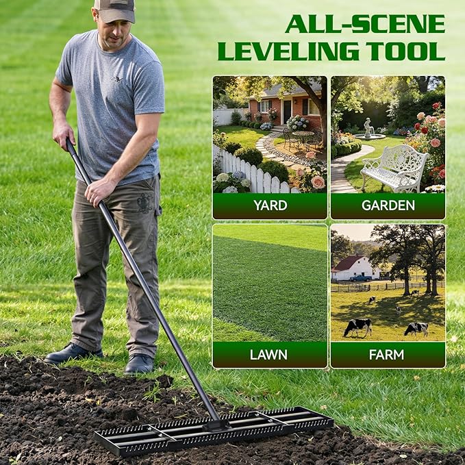Housolution 32"x10" Lawn Leveling Rake with Serrated Edge & Smooth Plate, Heavy-Duty Stainless Leveling Rake with 72" Adjustable Handle, Serrated Rake for Soil/Dirt/Compost/Dead Grass/Gravel