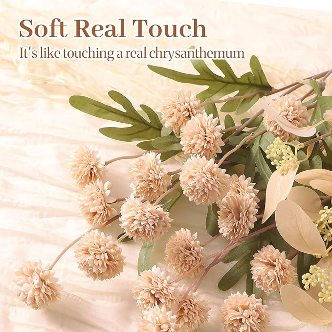 Alupssuc 32PCS Faux Silk Pompon Mums Artificial Flowers with Eucalyptus, Fake Chrysanthemum Floral for DIY Vase Arrangement, Long Stem Dining Table Centerpiece Home Decor, Beige