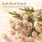 Alupssuc 32PCS Faux Silk Pompon Mums Artificial Flowers with Eucalyptus, Fake Chrysanthemum Floral for DIY Vase Arrangement, Long Stem Dining Table Centerpiece Home Decor, Beige