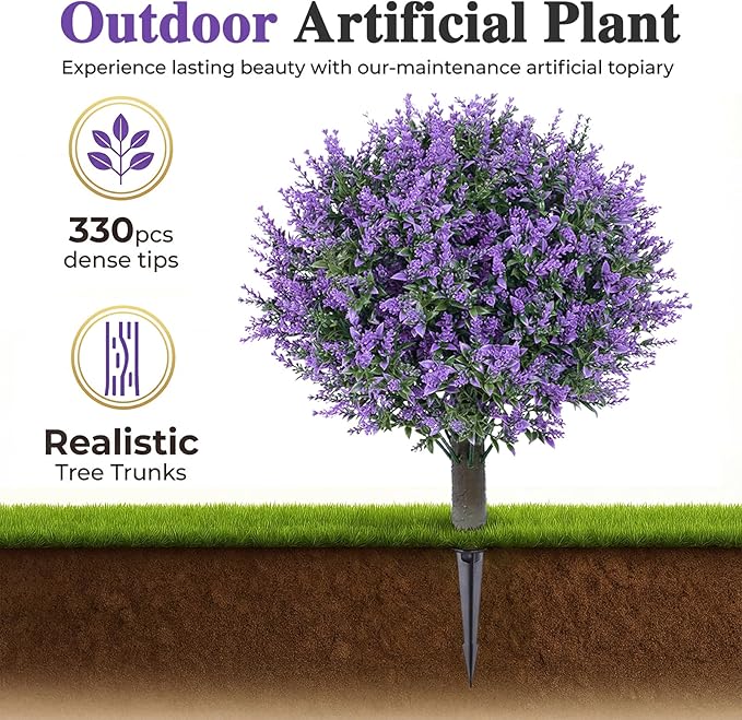 PATIO CHOICE Artificial Topiary Boxwood Ball Trees with Lavender Set of 2 22" Artificial Faux Plants Realistic Bushes Fake Shrubs Decorations for Outdoor Indoor Front Porch Garden