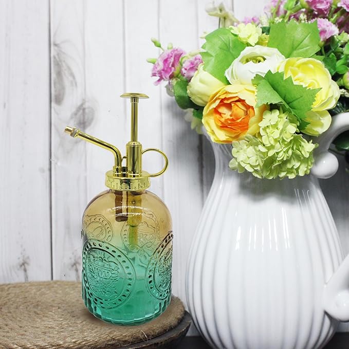 Glass Plant Mister Spray Bottle, 350ML Vintage Plant Spritzer with Top Pump Watering Can for Indoor Outdoor House Plants,Flowers (Yellow-Green Gradient)