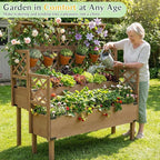 Raised Garden Bed with Trellis, 47''H Outdoor Flower Plant Stand with Two Planting Areas, Top Shelf, Liner, Elevated Garden Beds for Climbing Plants, Herb, Gift for Gardening, Brown