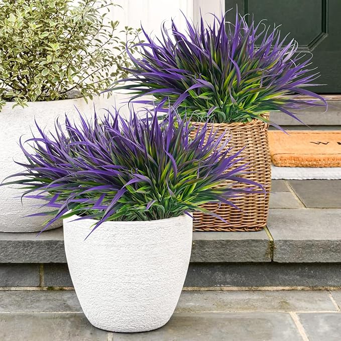 Uieke 12 Bundles Artificial Outdoor Plants UV Resistant Fake Grass Plants Faux Plastic Plants Greenery Shrubs for Home Garden Pathway Window Box Front Porch Cemetery Spring Summer Decor, Purple