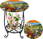 Outdoor Side Table Round Small Mosaic Patio Accent Indoor End Plant Coffee Tea Table for Yard Patio Porch Garden Living Room, Bedroom(Flower Style,14 Inch)