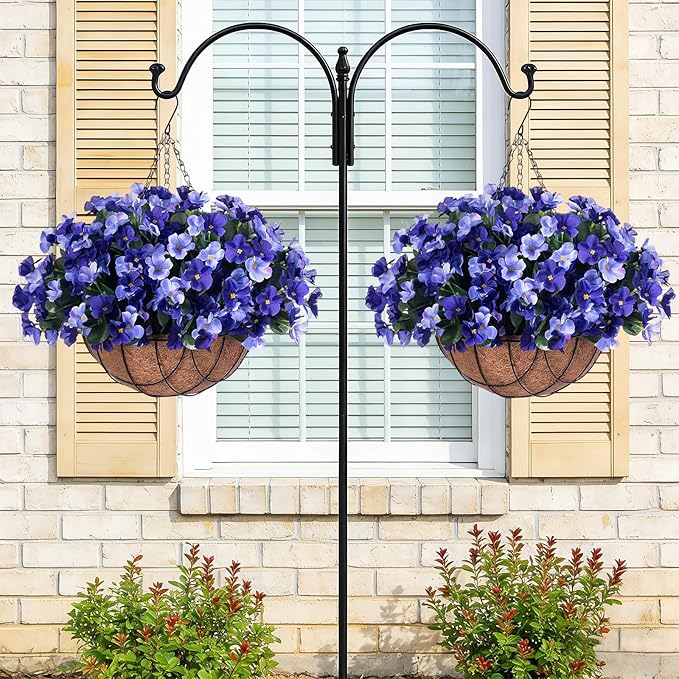 INXUGAO Artificial Hanging Flowers with Basket Outdoor, Fake Hydrangea UV Resistant Arrangements in Pot Planter Spring Summer Decor for Indoor Porch Garden Yard (Double Blue)