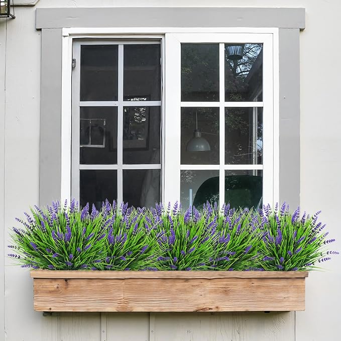 Bassion Artificial Flowers for Outdoors, 24 Bundles Fake Lavender Flowers UV Resistant Violet Plastic Plants Faux Monkey Grass for Home Porch Garden Window Box Indoor Outdoor Decorations