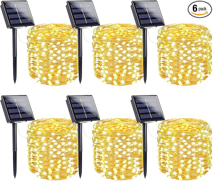 6-Pack Solar String Lights Outdoor, Extra-Long 600LED Solar Fairy Lights Waterproof, Solar Powered Twinkle Lights Copper Wire 8 Modes Solar Lights for Xmas Tree Garden Party Wedding (Warm White)