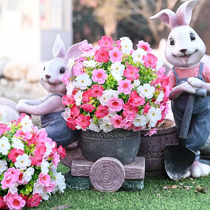 Waipfaru Set of 2 Artificial Boxwood Topiary with Colorful Flowers, 23" UV Resistant Fake Bushes Faux Outdoor Plants, Artificial Shrubs with Ground Spike for Outdoor Garden Front Porch(Pink, White)