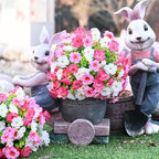 Waipfaru Set of 2 Artificial Boxwood Topiary with Colorful Flowers, 23" UV Resistant Fake Bushes Faux Outdoor Plants, Artificial Shrubs with Ground Spike for Outdoor Garden Front Porch(Pink, White)