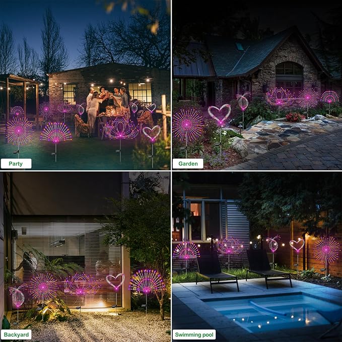 Slyuexu Solar Garden Lights Outdoor Waterproof, 2 Pack 120 LED Solar Firework Lights Decorative Garden Décor Outside for Flowerbed Pathway Party Halloween Christmas Decorations, Purple + Orange