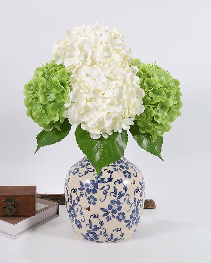 DuHouse 4Pcs Large Hydrangea Artificial Flowers,20 inch Latex Real Touch Hydrangeas for Home Wedding Bouquets Centerpieces Party Living Room Decoration(2Pcs Green+2Pcs White)