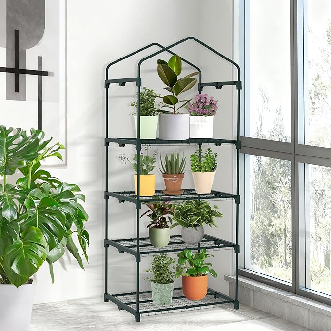 AlisisFores 4-Tier Mini Greenhouse Indoor Outdoor with Shelves, Portable Small Green House for Plants with Durable PE Cover & Zipper Door for Seed Starting, Balcony, Patio Garden