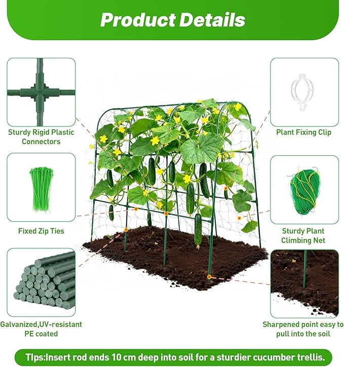2Pack Cucumber Trellis for Raised Garden Bed, U-Shape Plant Support Metel Trellis for Climbing Plants Arch Trellis with Netting for Cucumbers,Tomatoes,Vine Climbing Plant(47.2''X32''x47.2''(LxWxH))