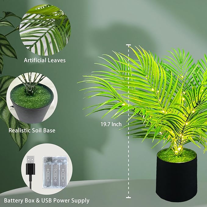 20'' LED Areca Palm Tree Faux Plant with Lights - USB & Battery Box Powered - Artificial Palm Tree for Living Room, Bedroom, Home Decor (Dypsis lutescens)