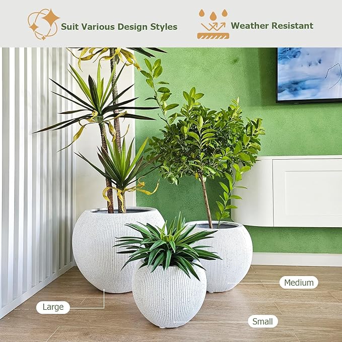 16" H x 20" D Premium Ribbed Globo Fiberstone Round Planter with Drainage Hole, Weather Resistant for Indoor and Outdoor Use, Included 2 Extra Coco Mats (Speckled White, 13.5" Pot Opening)