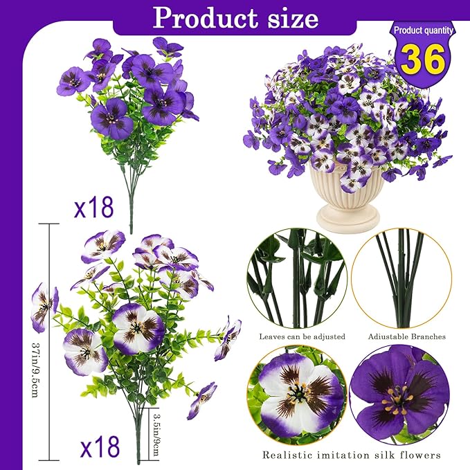 Rowfad 36 Pcs Artificial Fake Pansy Flowers for Outdoor, Faux UV Resistant Silk Pansies Flowers for Outside Planter Front Door Porch Yard Patio Window Box Home Decor (36, Lavender)