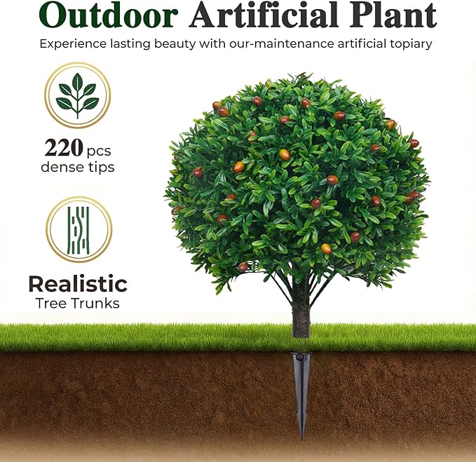 PATIO CHOICE Topiary Trees Artificial Outdoor Boxwood Ball Trees with Ground Spike Set of 2 22" Fake Outdoor Plants Faux Bushes and Shrubs Decorations for Outdoor Indoor Front Porch Garden