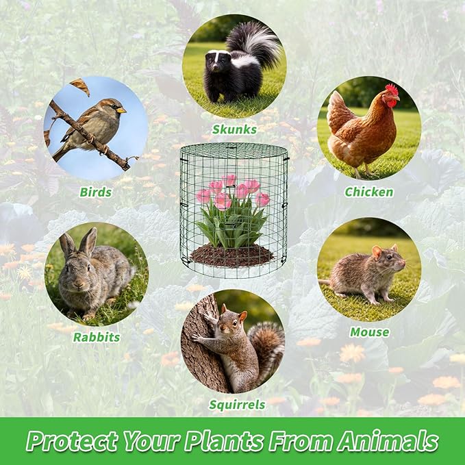 6 Pack Dark Green Plant Protectors, 11.8×15.7in Round Garden Fence Cages with Lid, Keep Rabbits, Squirrels & Pets Away, Includes Stakes, Zip Ties & Gloves for Easy Setup