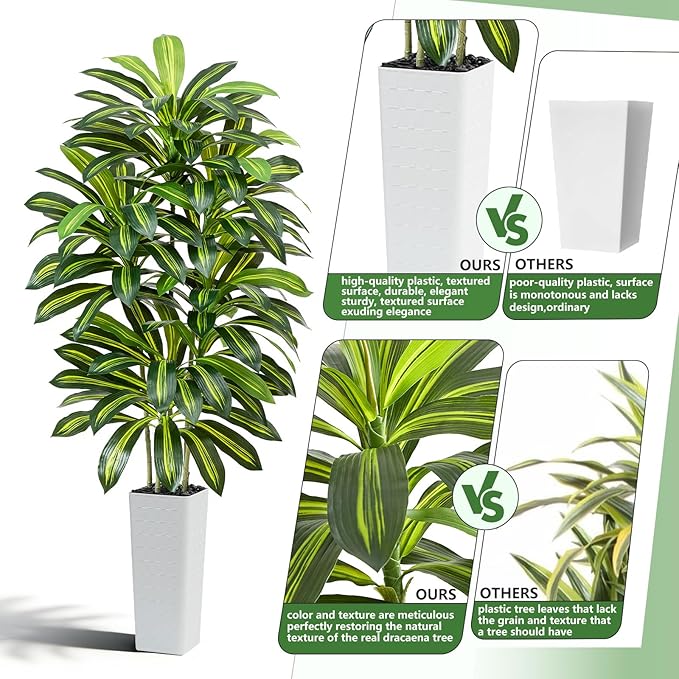 Artificial Dracaena Tree - 7FT Tall Fake Plants with White Tall Planter - Artificial Plants Indoor Floor Plant in Pot - Large Tropical Fake Yucca Potted Tree for Home Office Living Room Decor