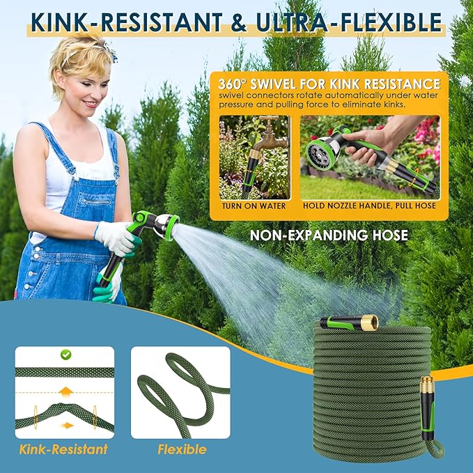 Non-Expandable Garden Hose 75 FT, Lightweight Hose with 10 Function Spray Nozzle, Kink-Free Flexible Water Hose, Durable, Leak-Proof, 360° Swivel Connectors, Portable Storage Strap
