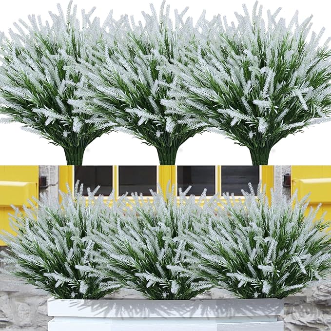 12 Bundles Fake Outdoor Flowers UV Resistant Plants Artificial Lavender Faux Plastic Shrubs Window Box Garden Porch Home Decor (White)