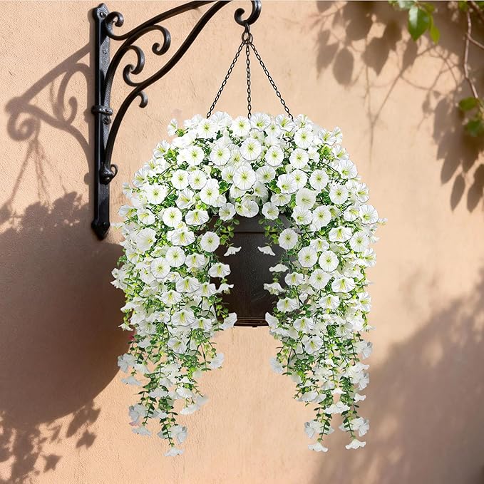 Artificial Hanging Flowers for Outdoors, 4 PCS 600 Blooms UV Resistant Morning Glory Faux Silk Vines, No-Odor Realistic Fake Plants for Garden Planter Porch Patio Decoration, White