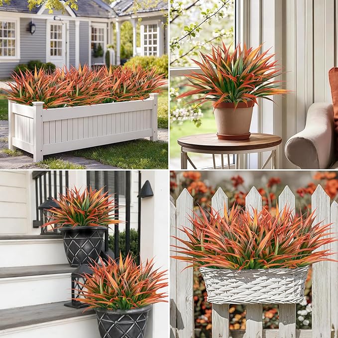 Ouddy Decor 20 Pcs Fake Outdoor Plants Artificial Grass Greenery Stems Faux Plastic Plants UV Resistant for Spring Summer Indoor Outside Garden Planter Pathway Porch Patio Window Home Decor, Orange