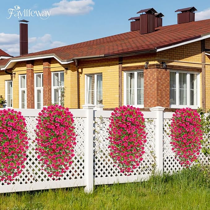 Artificial Hanging Flowers for Outdoors Spring Summer Decoration, 4PCS UV Resistant Silk Fake Hanging Plants for Patio Porch Front Yard Window Garden Indoor Decor(Hot Pink,4PCS)