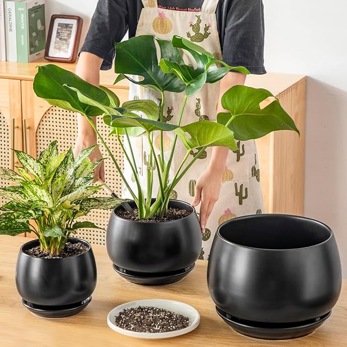 vancasso 3-Pack Ceramic Plant Pots, 7.3/9.6/11.6 Inch Indoor Planters with Saucers & Drainage Hole Planter pots for Indoor Plants and Flower, Black